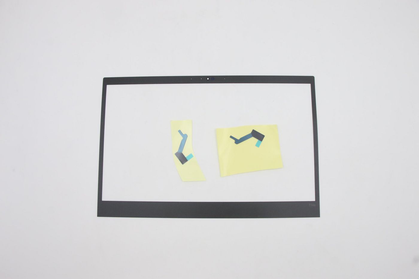Black Lenovo Consumpive Ezel Assembly frame with two adhesive blue and yellow tabs positioned on a white background.