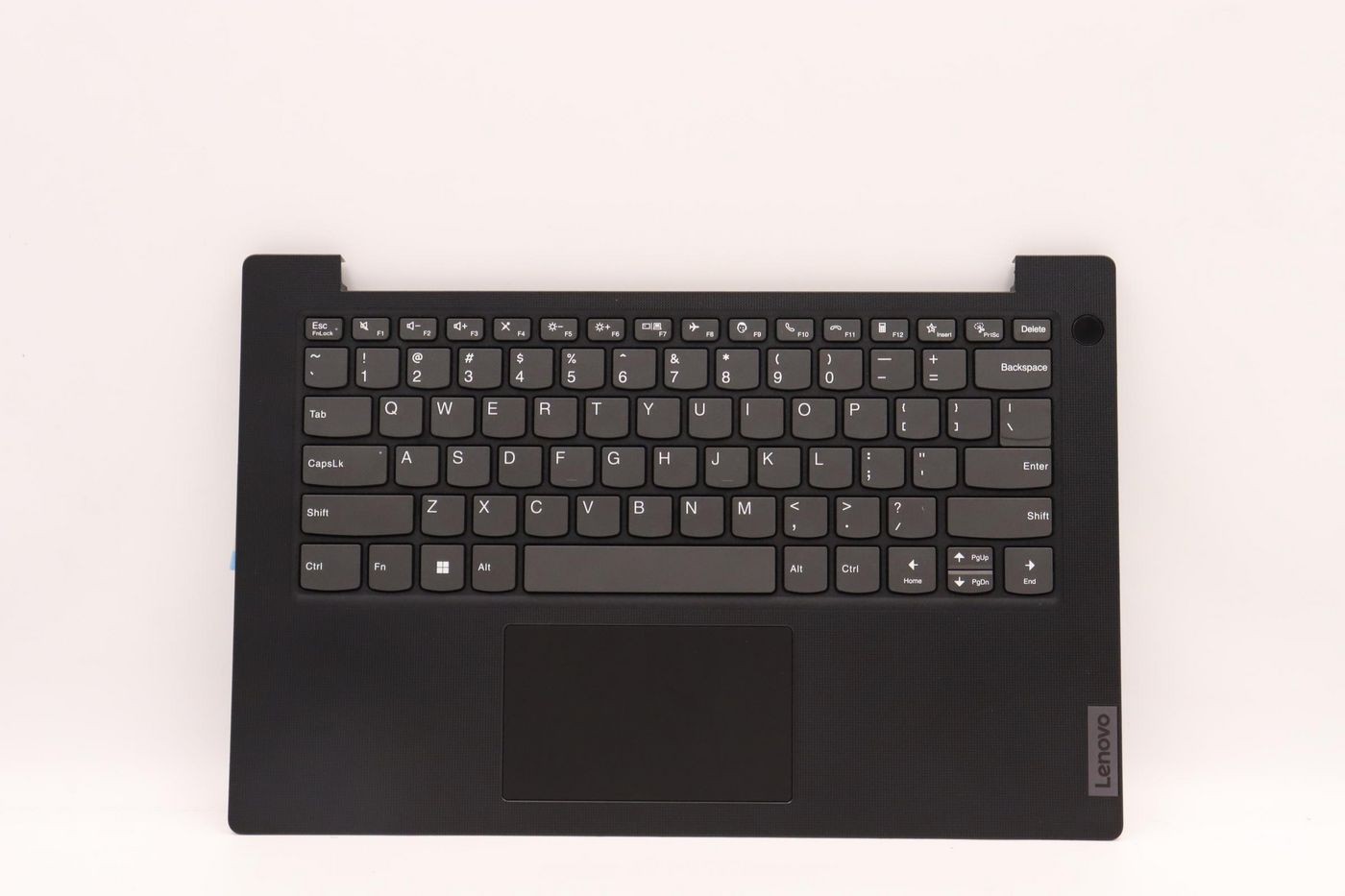 Black upper case keyboard cover with English layout, featuring a touchpad, Lenovo branding, and a sleek, textured finish.
