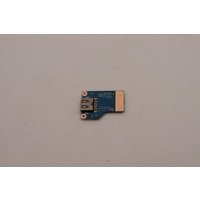Blue Lenovo circuit board with USB port and gold connector on a gray background.