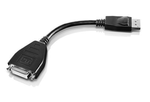 Black Lenovo DisplayPort to Single-Link DVI-D monitor adapter with a short cable, featuring a DVI-D connector on one end and a DisplayPort connector on the other.