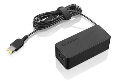 Black Lenovo DLX65NCC3 power adapter with a compact design, featuring a USB connector and a long cable secured with a strap for organization.