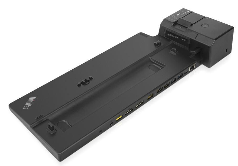 Black Lenovo Dock Pro with multiple ports, including USB-C, HDMI, and Ethernet, featuring a sleek design and a compact form factor for easy connectivity.
