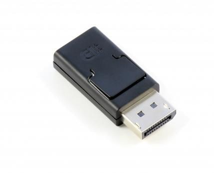 Black Lenovo DP to HDMI adapter with a compact design, featuring a USB connector and a clip for easy portability.