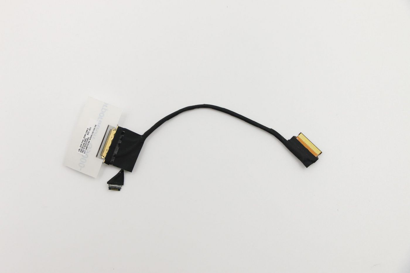 Black flexible cable with gold connectors on both ends, featuring a small label attached, designed for connecting components in Lenovo devices.