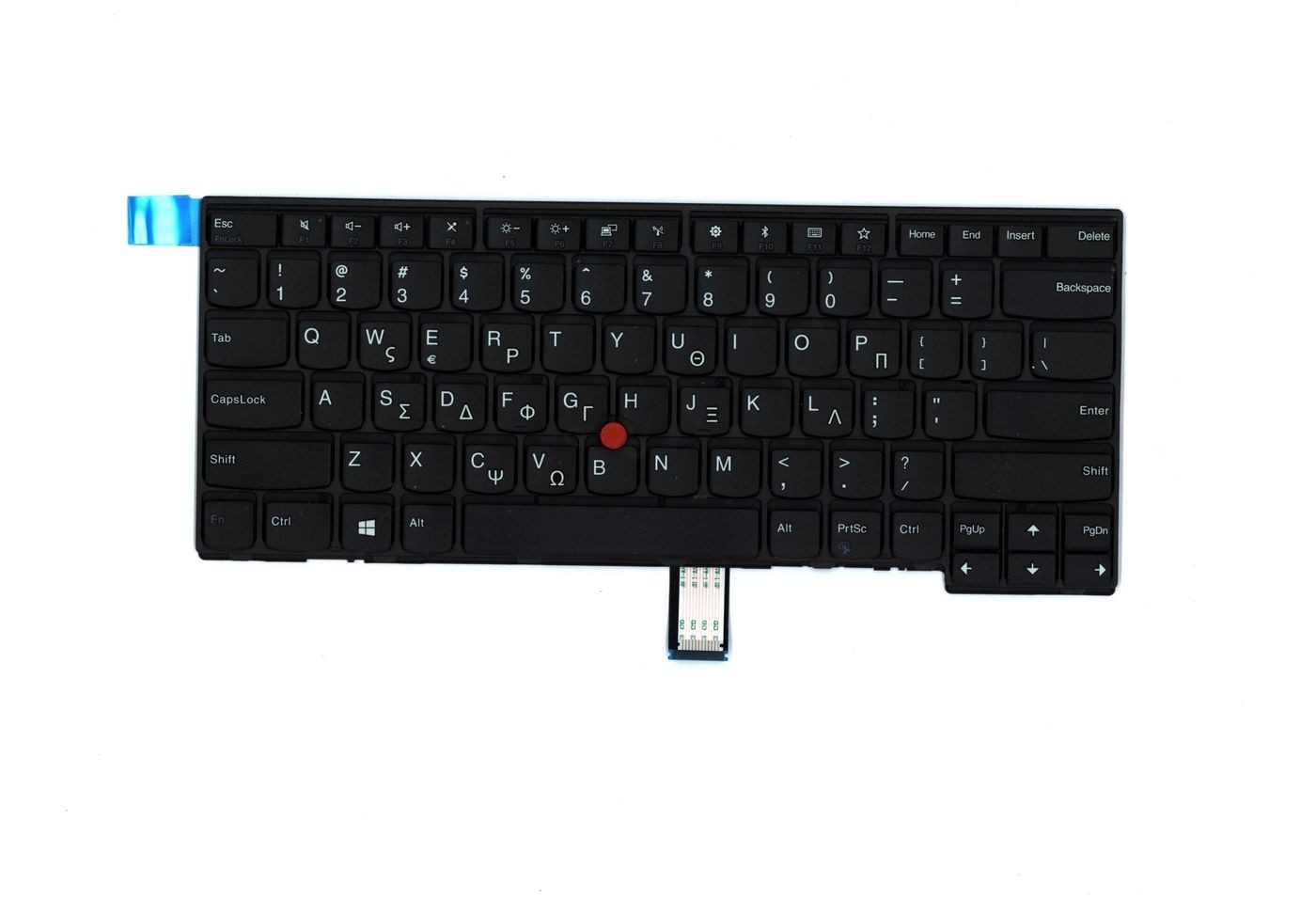 Black ergonomic keyboard with Greek language layout, featuring a central red trackpoint, white lettering, and a USB connector on the side.