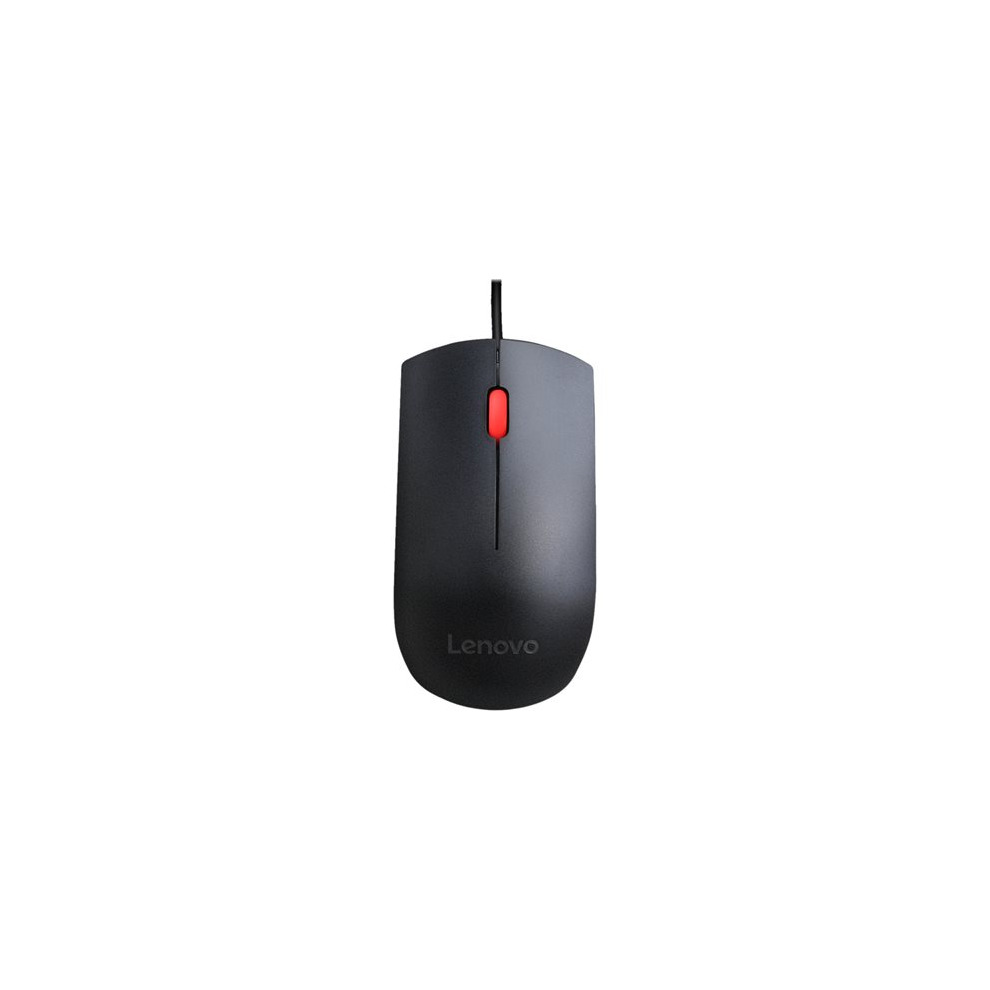Black optical mouse with a smooth finish, featuring a red scroll wheel and a USB Type-A connector, designed for ambidextrous use with 1600 DPI sensitivity.