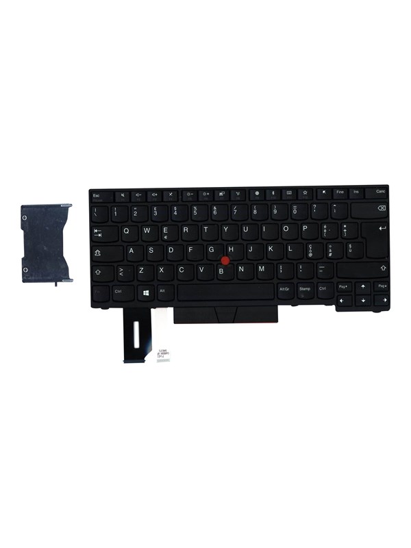 Black Lenovo FLCHYKKI keyboard with a compact layout, featuring white lettering on keys, a red accent on the 'G' key, and a removable metal bracket on the side.