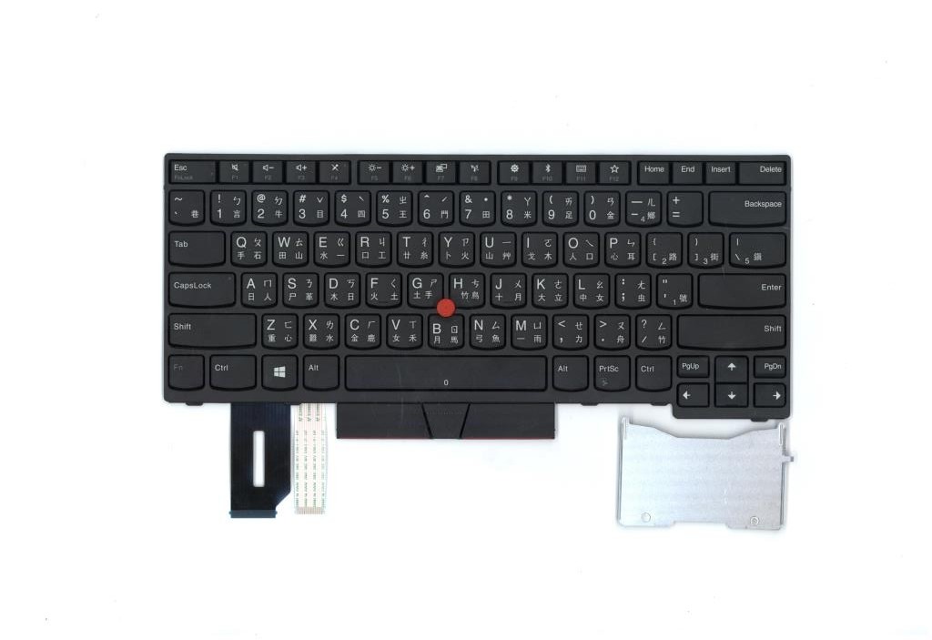 Black Lenovo laptop keyboard with a red TrackPoint, featuring a standard layout, function keys, and a metal backing for installation.