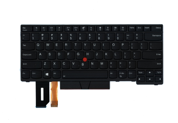 Black Lenovo laptop keyboard with a compact layout, featuring white lettering on keys, a red trackpoint, and a flexible connector at the bottom for installation.