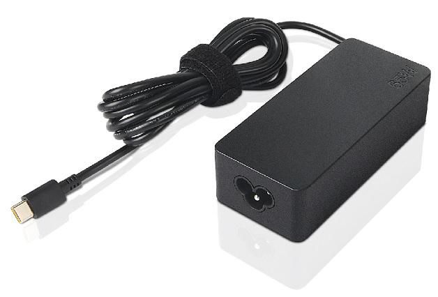 Black Lenovo FRU02DL128 65W USB-C AC adapter with a UK plug, featuring a long, flexible cable and a compact rectangular design.