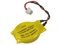 Yellow lithium battery with a round shape, featuring a black and red wire connector, labeled with "PANASONIC CDP032" and various part numbers.