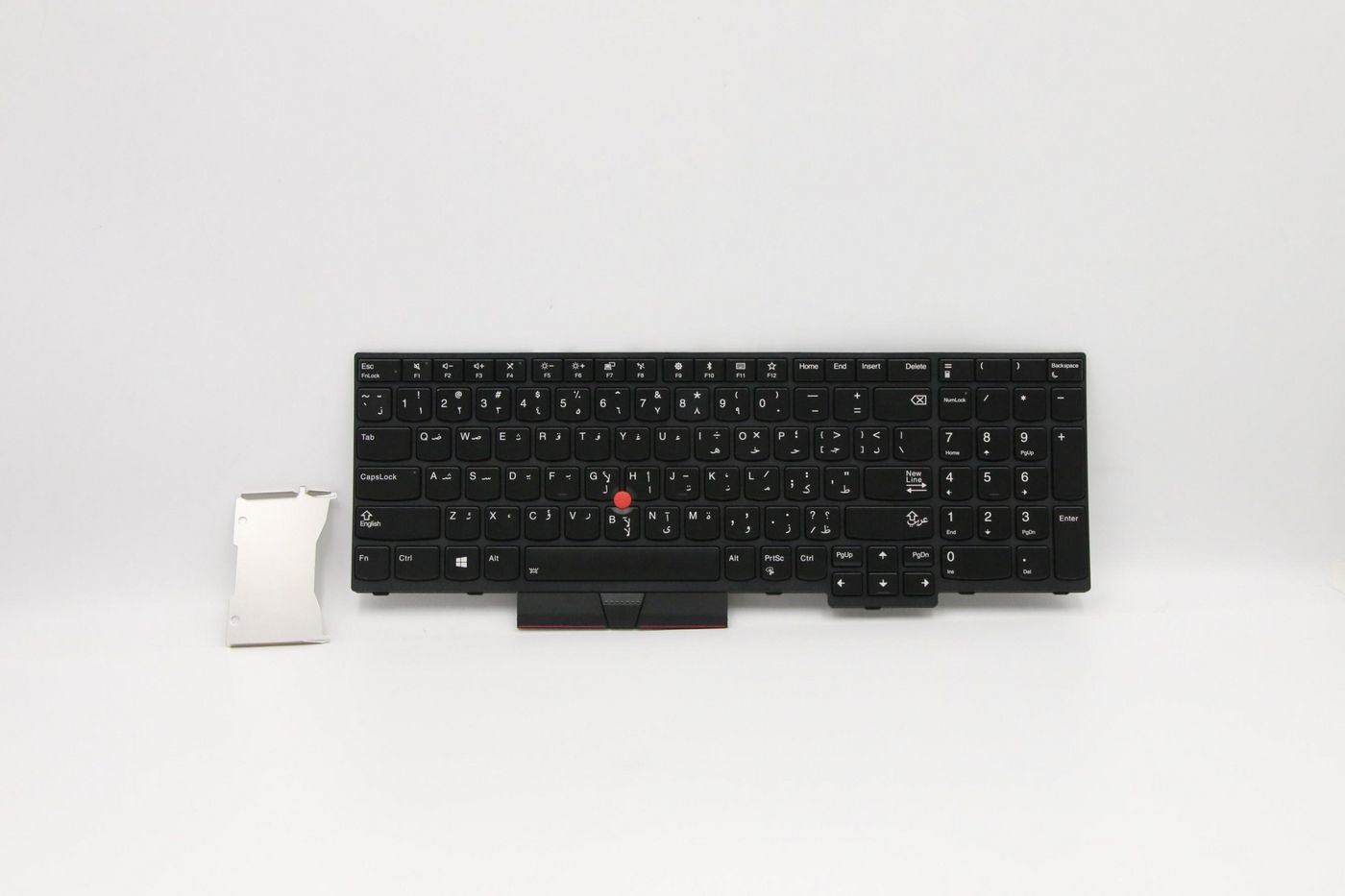 Black full-size Lenovo keyboard assembly featuring a standard layout, white lettering on keys, and a red TrackPoint in the center, with a plastic mounting bracket on the side.