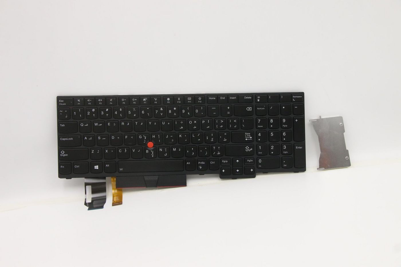 Black full-size Lenovo keyboard with US layout, featuring a red trackpoint, white lettering on keys, and a metallic connector on the side.