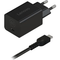 Black Lenovo GaN Nano 65W charger with USB-C port and European plug, compact rectangular design.