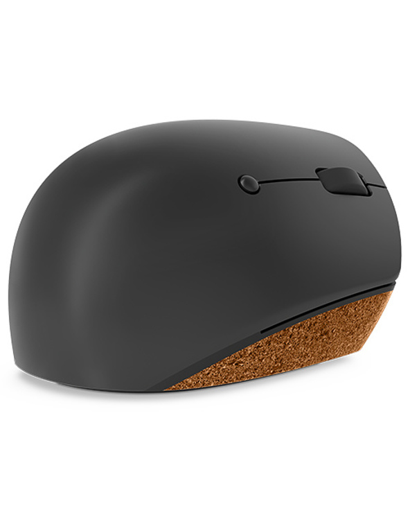 Grey ergonomic wireless optical mouse with six buttons, featuring a smooth matte finish and a textured cork base for added grip.