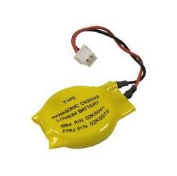 Yellow Panasonic lithium battery with a round shape, featuring two wires and a connector, labeled with "TYPE CQ2022" and other specifications.