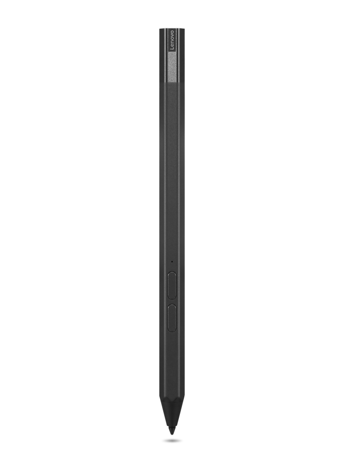 Slim black stylus with a pointed tip, featuring two side buttons and a textured grip, designed for precise input on touchscreen devices.