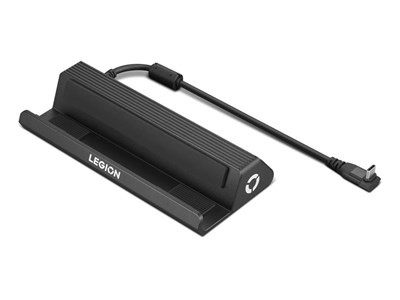 Black Lenovo Legion docking station with a textured surface, featuring a power cable and a sleek design for game console accessories.
