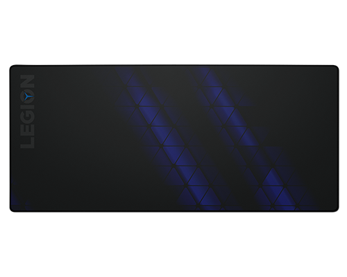 Black gaming mouse pad with a textured surface, featuring a blue geometric pattern and the "LEGION" logo in the top left corner, designed for enhanced precision and control.