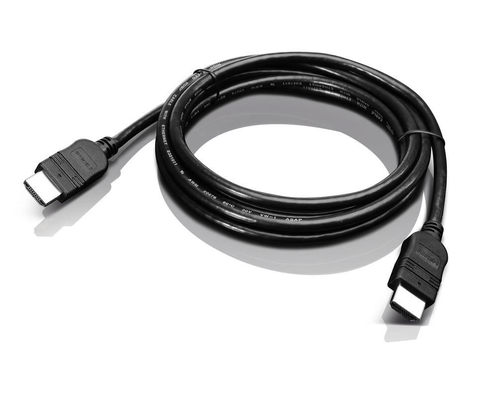Black HDMI cable with two connectors at each end, featuring a flexible design and labeled with specifications along the length.