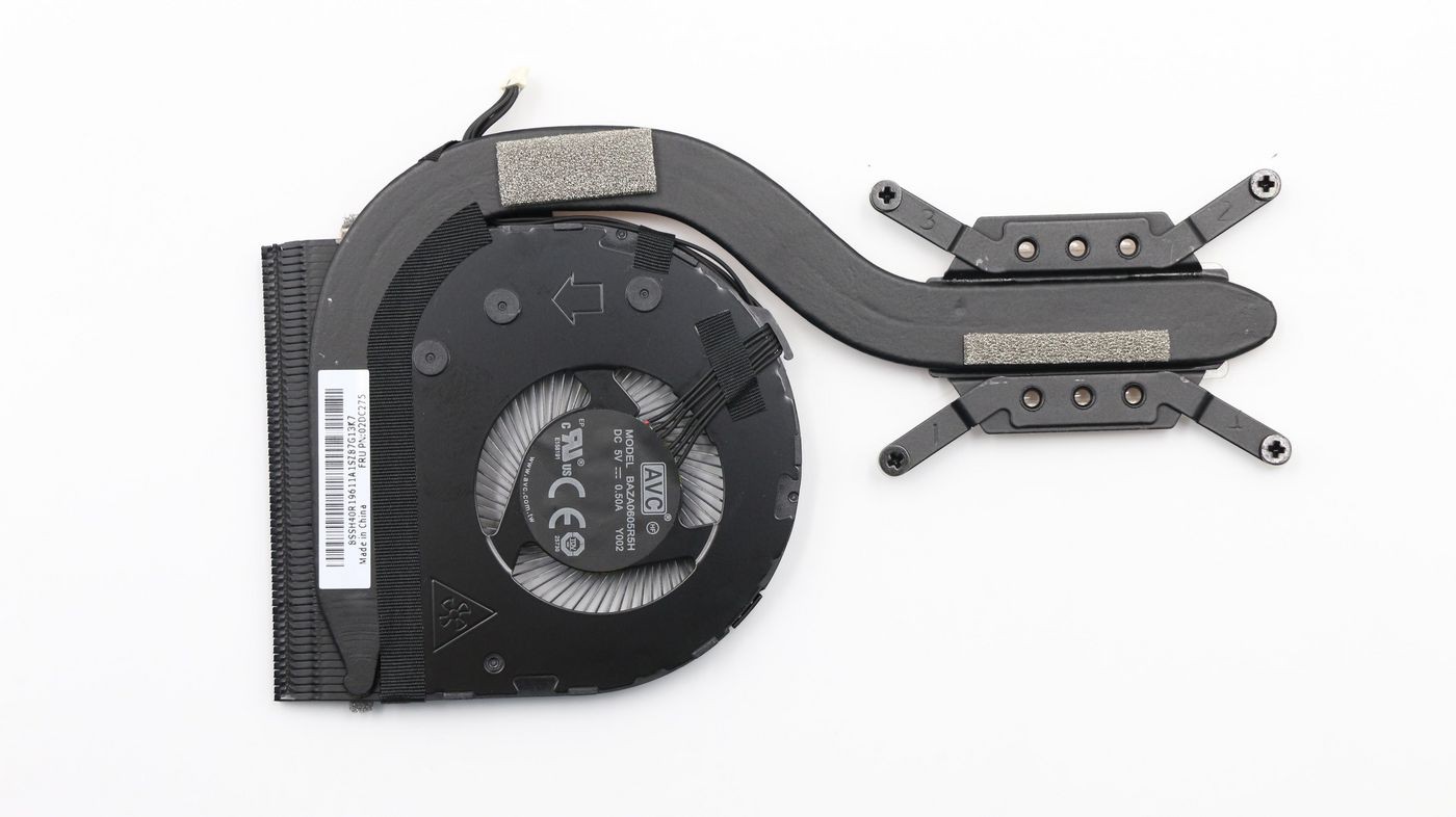 Black Lenovo Herml Module featuring a circular fan, metal heat sink, and flexible connector, designed for efficient cooling in Lenovo devices.