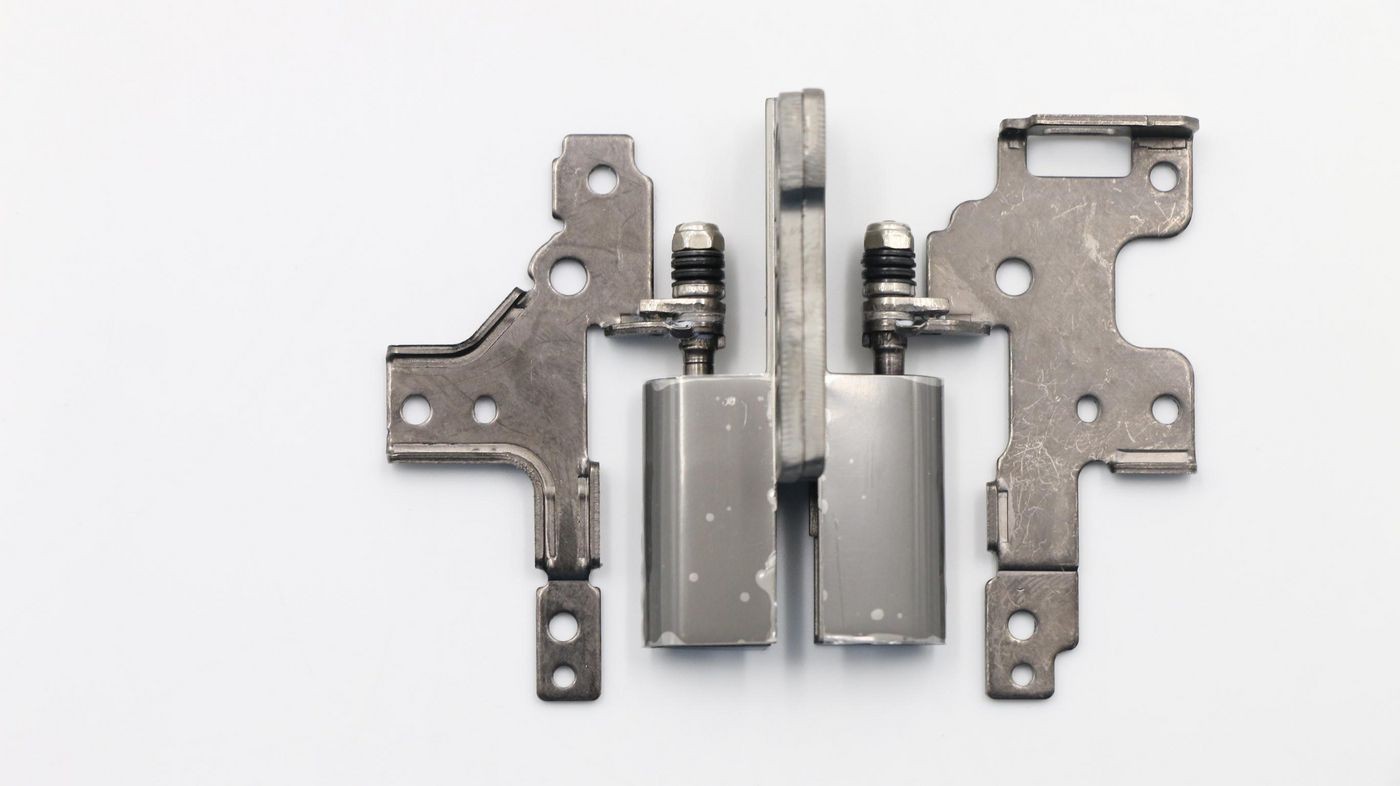 Silver metal Lenovo hinge set with two cylindrical components and multiple attachment points, designed for Lenovo devices, showcasing a sturdy and functional design.