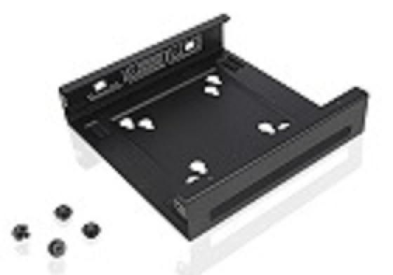 Black metal mounting bracket with multiple holes for screws, featuring a flat base and raised edges, designed for secure installation of hardware components.
