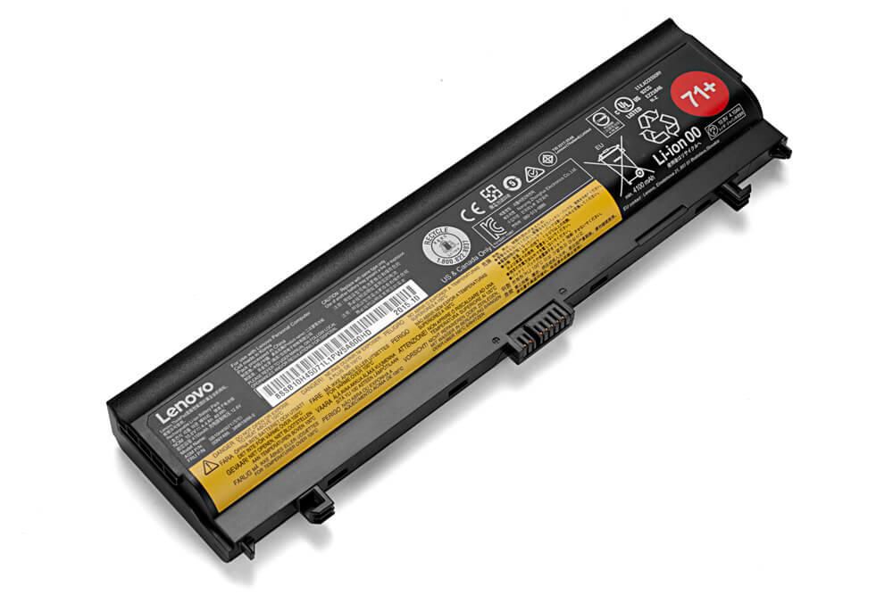 Lenovo HinkPd Ery 71+ 6Cell battery in black with a yellow label, featuring various safety and certification icons, and a connector at one end.