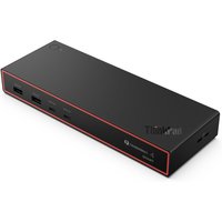Black Lenovo docking station with red trim, multiple USB ports, and ThinkPad branding.