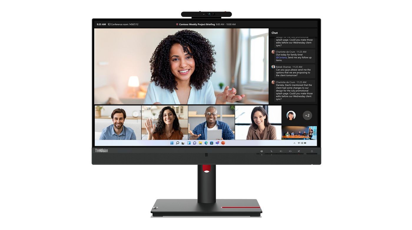 Lenovo Hinkvision 24Mv-30 monitor features a sleek black design with a 60.5 cm screen, integrated webcam, and adjustable stand, ideal for video conferencing and multitasking.
