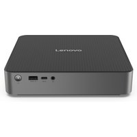 Compact Lenovo IdeaCentre Mini PC, dark gray with textured top, front ports including USB and audio jack.