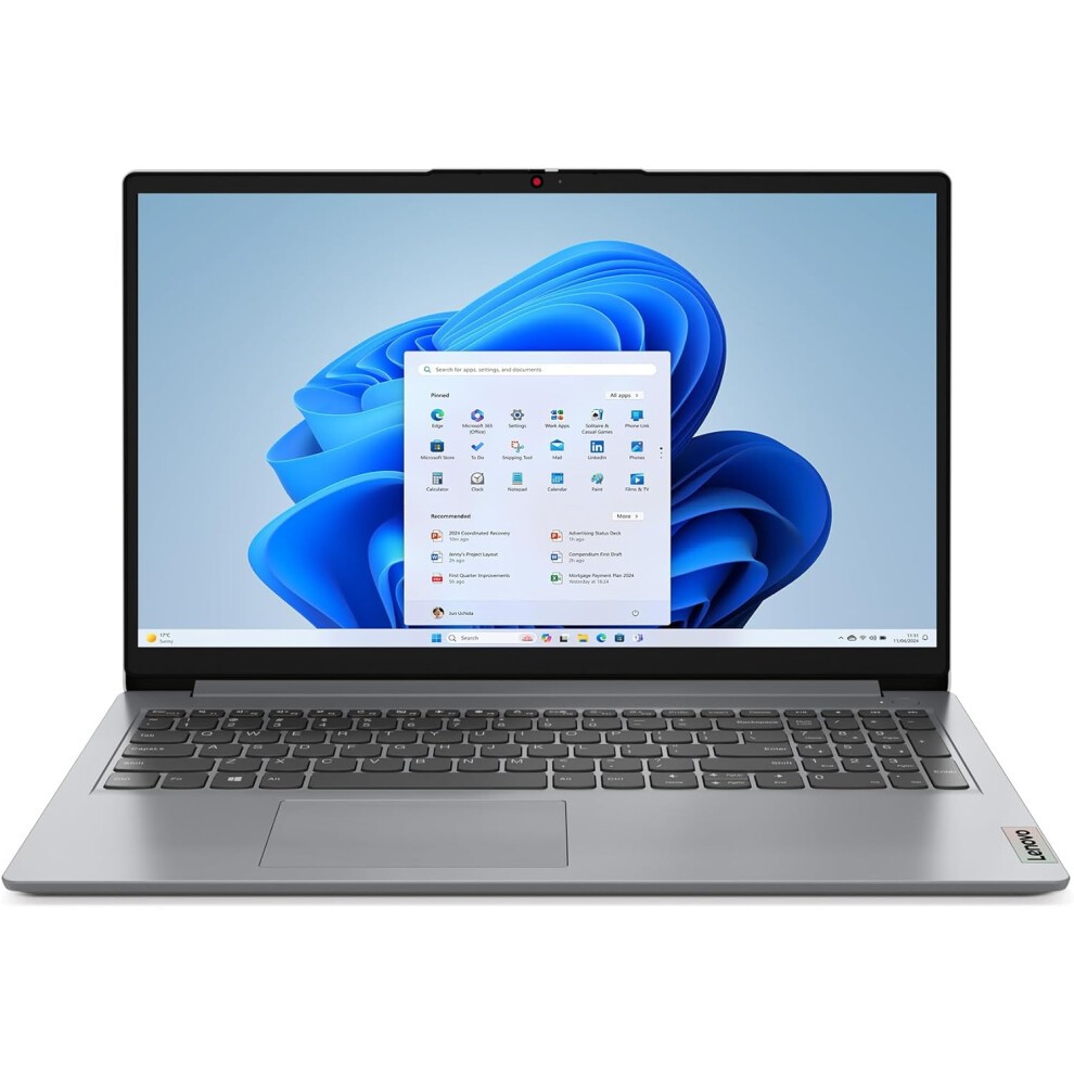 Silver Lenovo IdeaPad 1 laptop with a 15.6-inch Full HD display, featuring a sleek design, black keyboard, and Windows 11 Home interface on the screen.