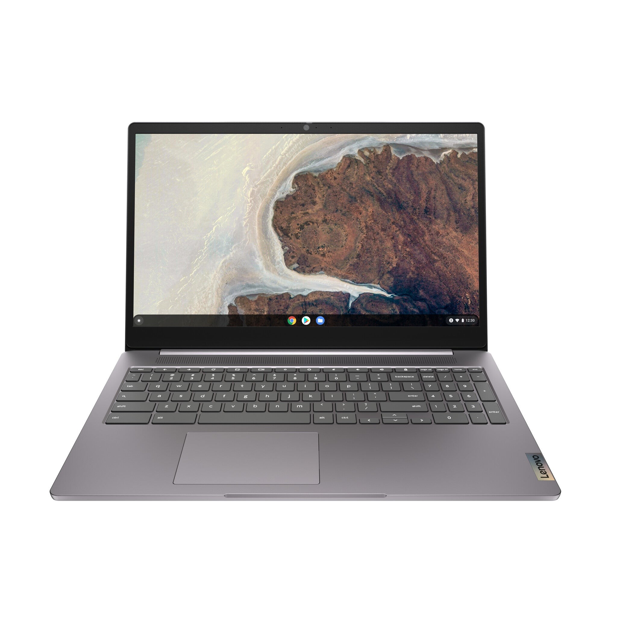 Lenovo IdeaPad 3 Chromebook in silver, featuring a 15.6" Full HD display, Intel Pentium Silver N6000 processor, 8 GB RAM, and 128 GB eMMC storage, with a sleek, modern design.