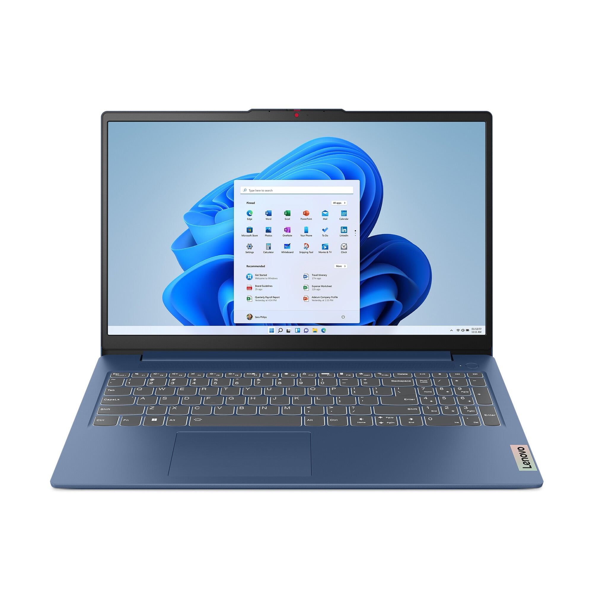 Lenovo IdeaPad Slim 3 in blue, featuring a 15.6" Full HD display, Intel Core i5-12450H processor, 8 GB LPDDR5 RAM, 256 GB SSD, and a sleek keyboard with backlit keys.