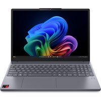 Gray Lenovo IdeaPad Slim 3 laptop with thin bezels, full keyboard, and vibrant display showing colorful abstract design.