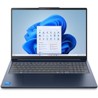 Lenovo IdeaPad Slim 5 laptop, 16-inch, dark blue, Intel Core i7, slim bezels, backlit keyboard, Windows interface displayed.