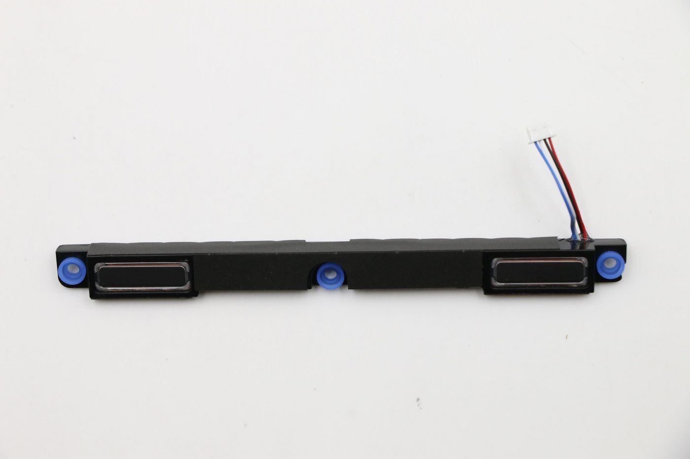 Black Lenovo internal stereo speaker with two rectangular speaker grilles, blue mounting tabs, and a small wire connector attached.