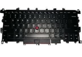 Black Lenovo keyboard featuring QWERTY layout, red TrackPoint in the center, and function keys at the top, designed for durability and precision in typing.
