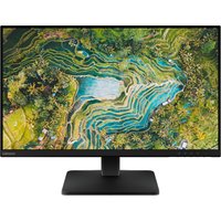 Lenovo L27qe monitor, 27-inch, 2560x1440 resolution, black frame, displaying aerial view of green and blue landscape.