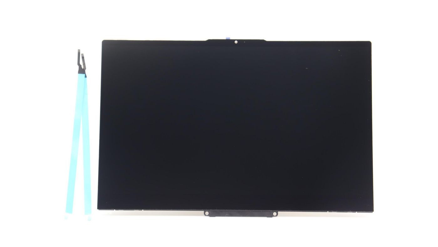 Lenovo 14-inch FHD touch display with anti-glare IPS technology, featuring a sleek black screen and accompanied by blue plastic tools for installation.