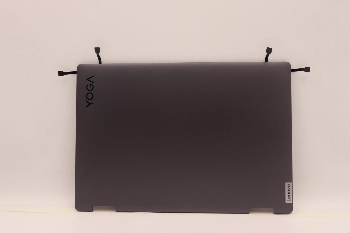 Gray Lenovo LCD cover for Yoga 7, featuring a sleek matte finish, "YOGA" logo on the top left, and Lenovo branding on the bottom right, with two black attachment straps.