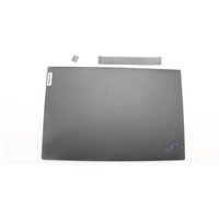 Lenovo LCD cover assembly in matte black with logo, rectangular shape, includes small matching components.