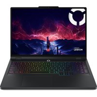Black Lenovo Legion Pro 5 laptop with Ryzen 9, RGB keyboard, and vibrant display showing futuristic cityscape.
