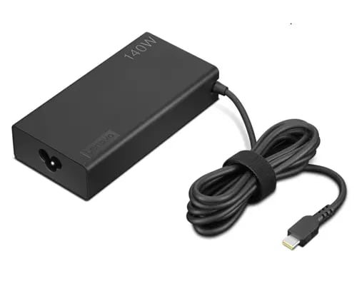 Black Lenovo Legion Slim 140W charger with a rectangular design, featuring a power input port and a coiled cable ending in a USB-C connector.