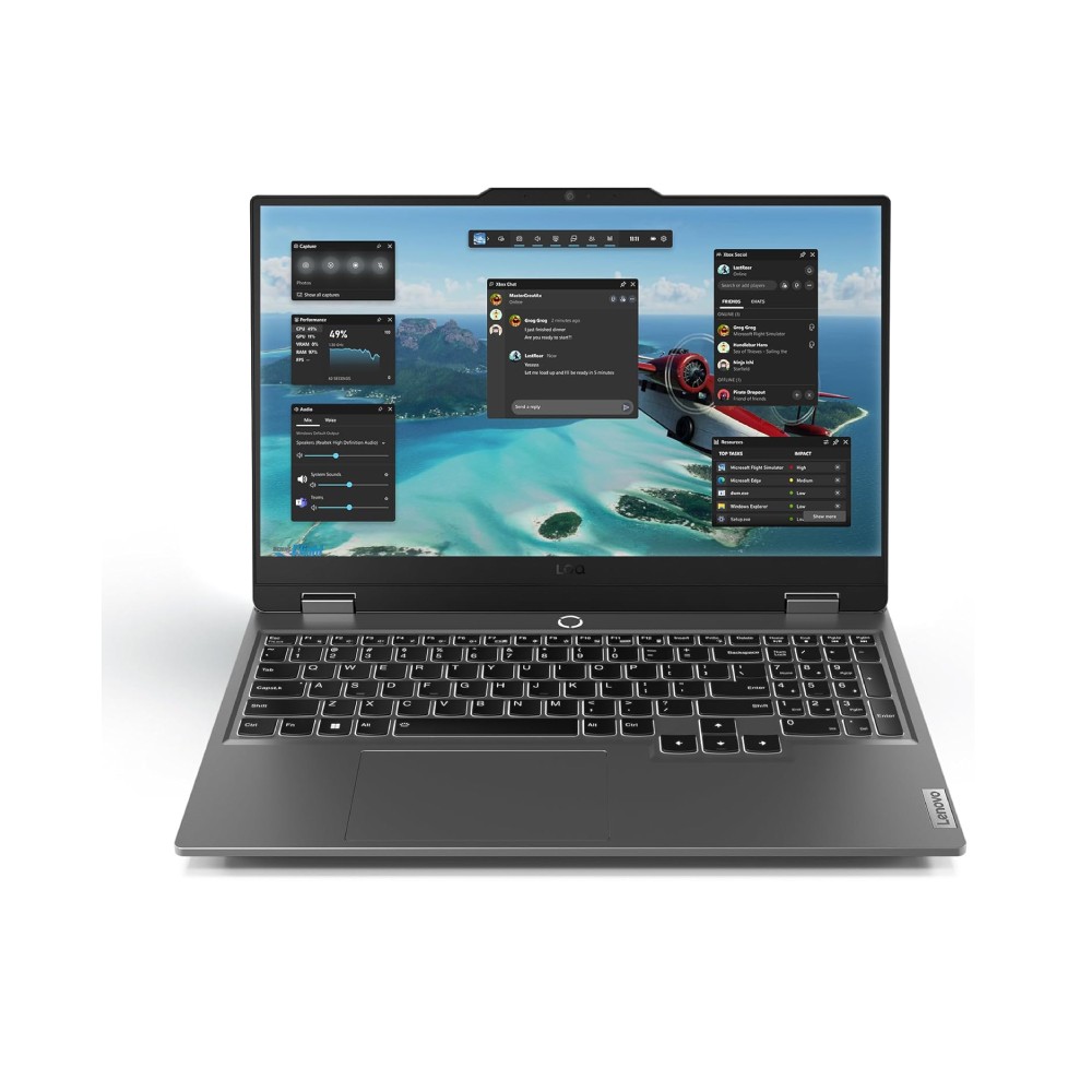 Lenovo LOQ 15ARP9 laptop featuring a 15.6" Full HD display, sleek silver chassis, RGB backlit keyboard, and NVIDIA GeForce RTX 3050 graphics, running Windows 11.