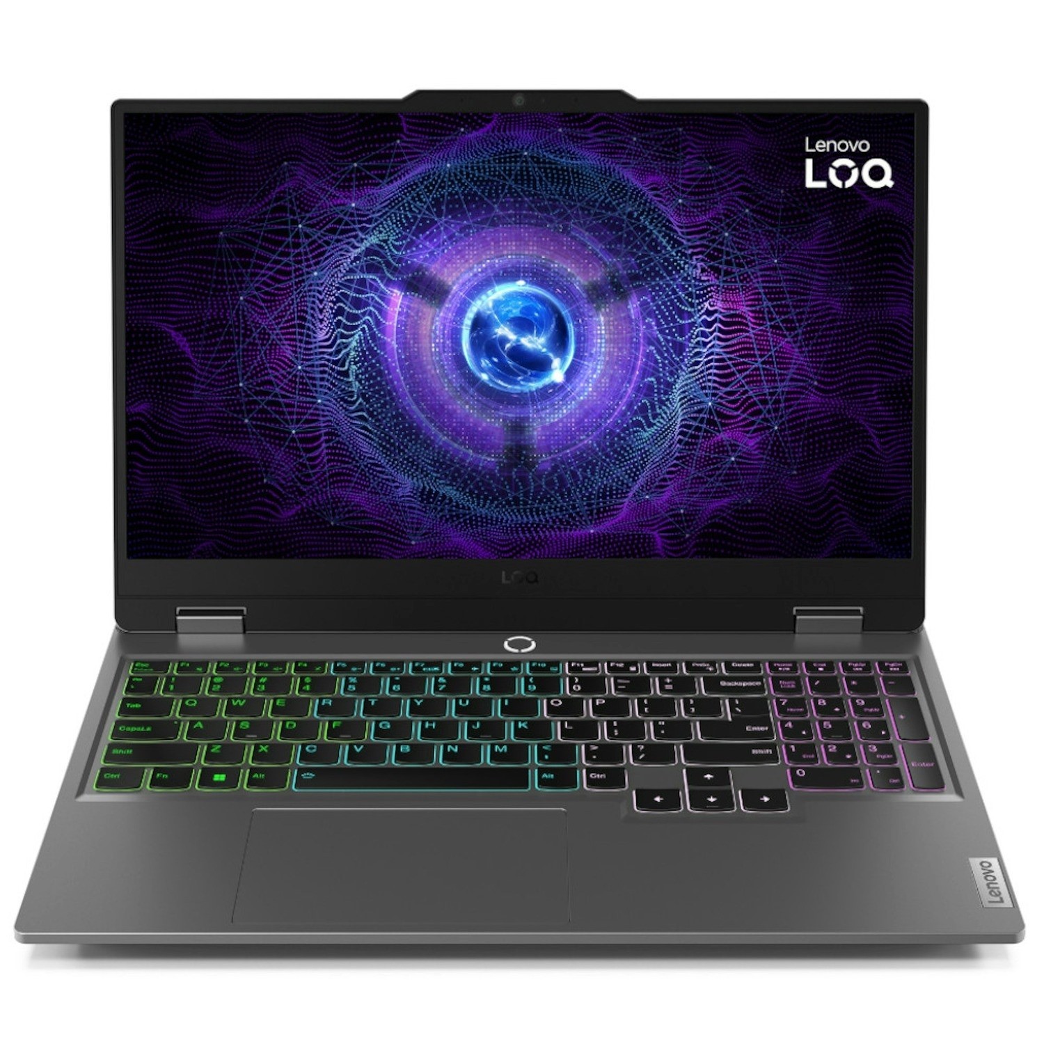 Lenovo LOQ 15IAX9 laptop features a 15.6" Full HD display, sleek gray chassis, RGB backlit keyboard, and is equipped with Intel Core i5, 24 GB DDR5 RAM, and NVIDIA GeForce RTX 4050.