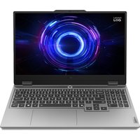Grey Lenovo LOQ 15.6" laptop with backlit keyboard, sleek design, and vibrant circular display graphic.