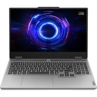 Lenovo LOQ 15IRX10 laptop, silver, 15.6-inch screen, backlit keyboard, sleek design with circular graphic on display.
