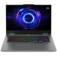 Grey Lenovo LOQ 17.3" laptop with backlit keyboard, slim design, and vibrant display showing circular graphic.