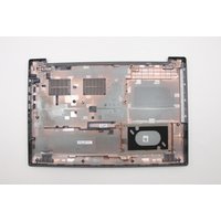 Black Lenovo laptop lower case with internal compartments and vent openings, metallic interior finish.